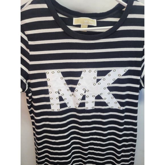 Michael Kors Dress Striped Black White MK Logo Studded Short Sleeve Womens - Picture 2 of 11